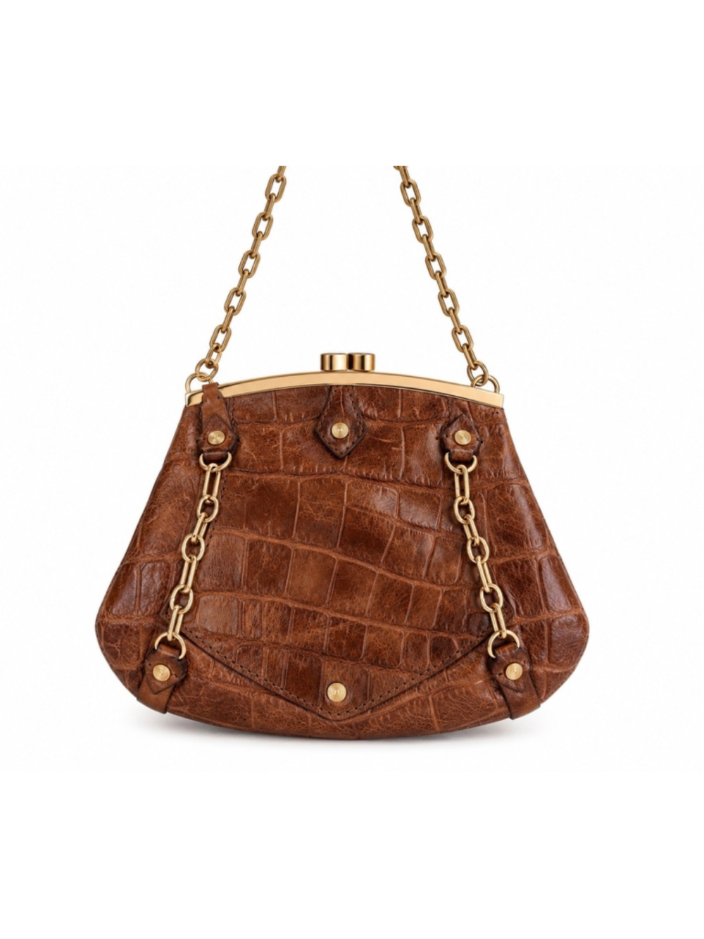Vintage Cole Haan Paige F06 Croco Print Brown Leather Chain Frame Crossbody Bag